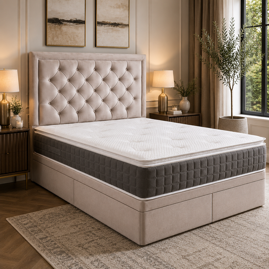 Washington Divan Bed Set in cream plush fabric with upholstered headboard and premium divan base