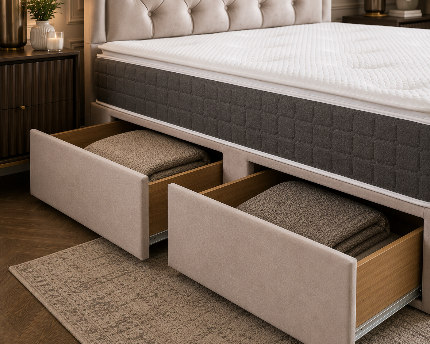 Modern upholstered Washington Divan Bed Set with padded headboard and luxury mattress