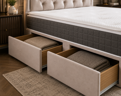 Modern upholstered Washington Divan Bed Set with padded headboard and luxury mattress