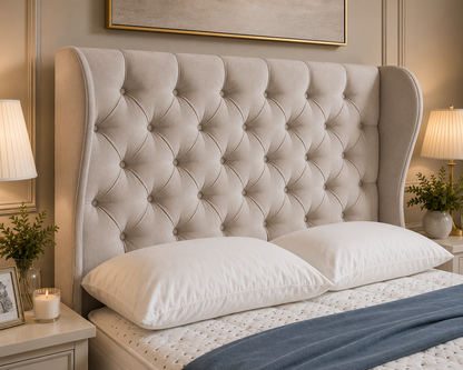 Deep buttoned luxury headboard with upholstered wings