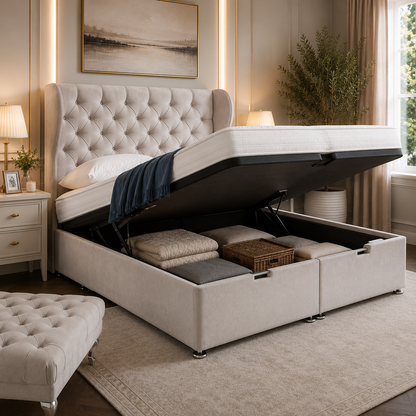 Luxury Wingback Majestic bed with hidden ottoman storage